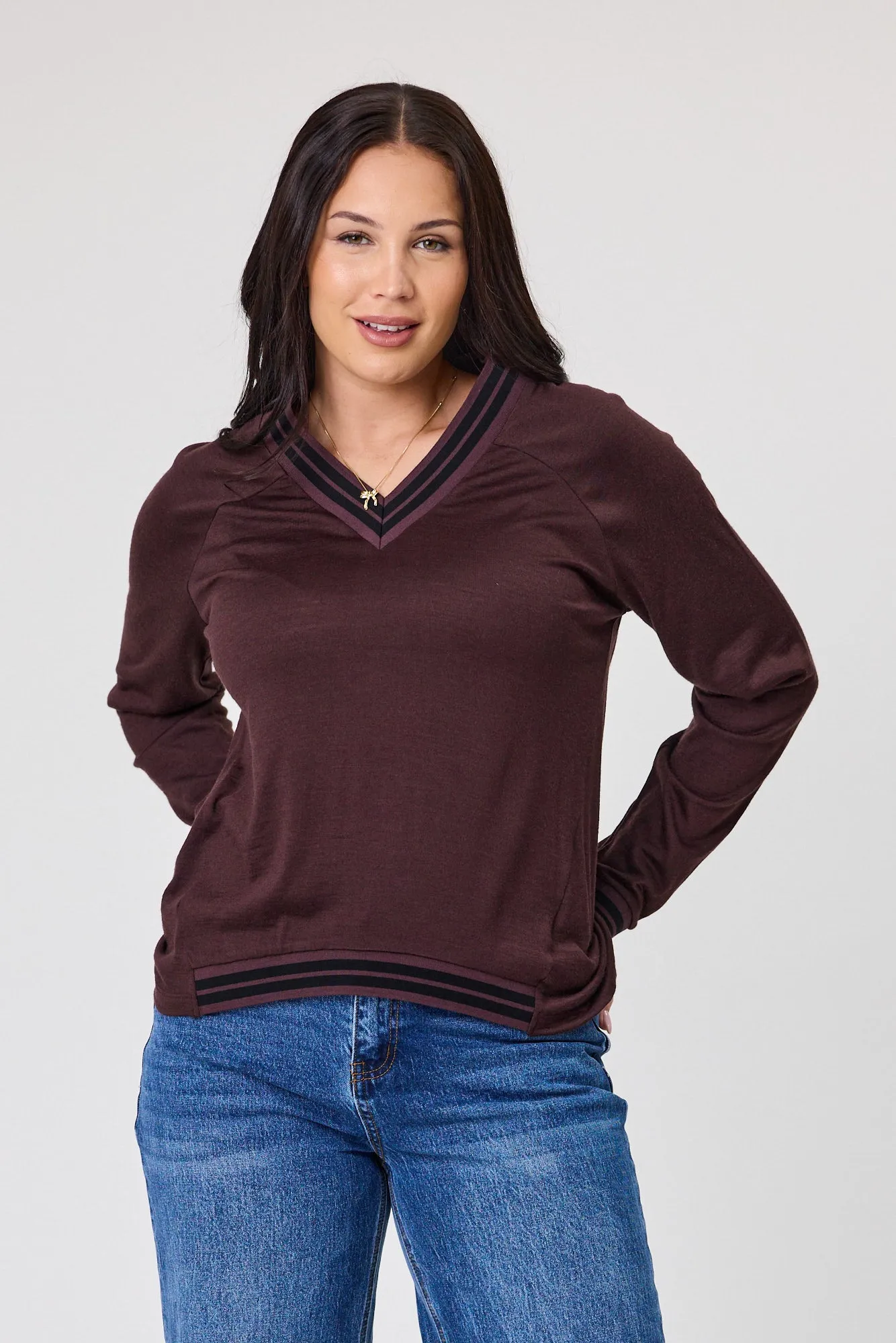 Alpine by Shine On Alberta Merino Sports Trim Top Chocolate