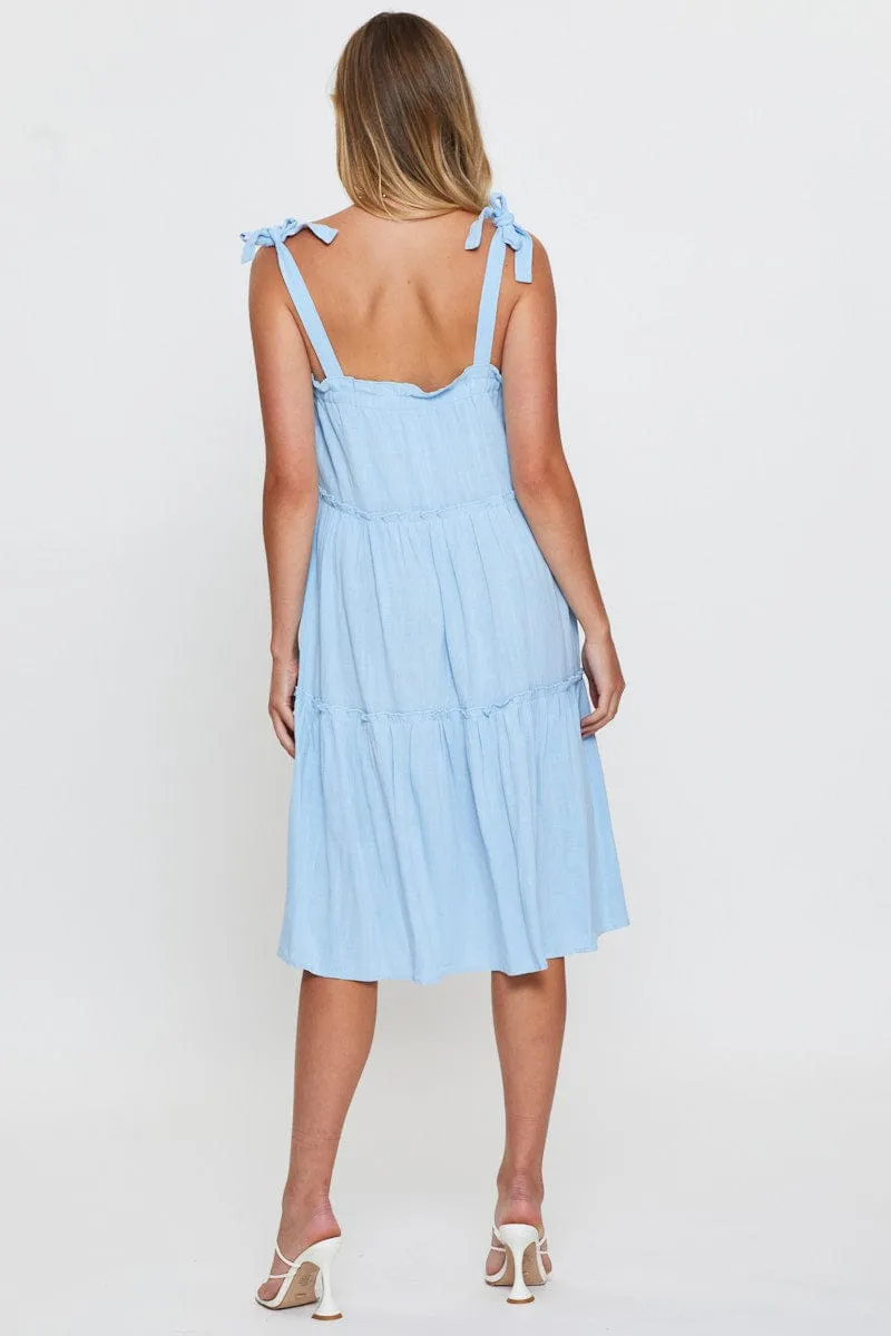 Blue Midi Dress Sleeveless Tie Shoulder