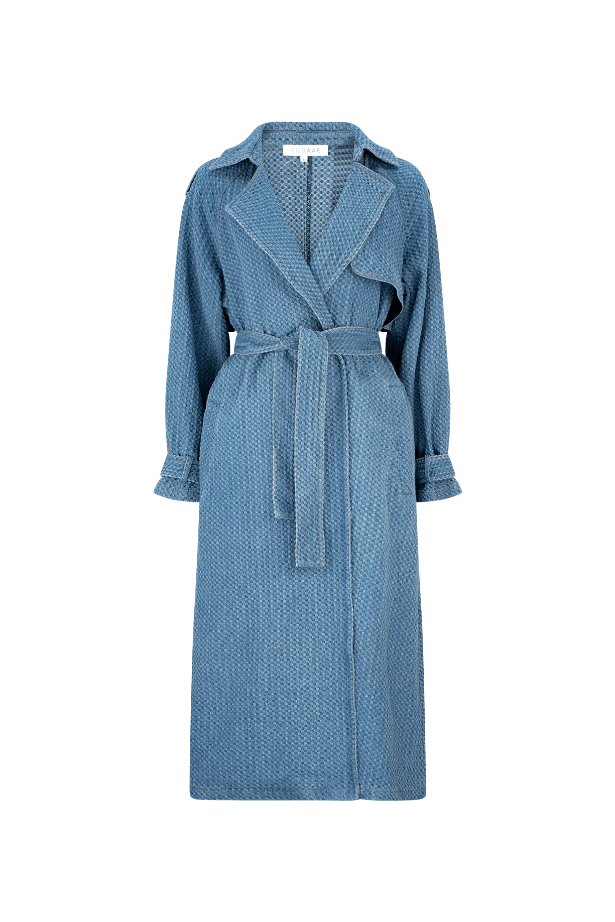 CURAAE Aurora Long Denim Textured Tie Trench