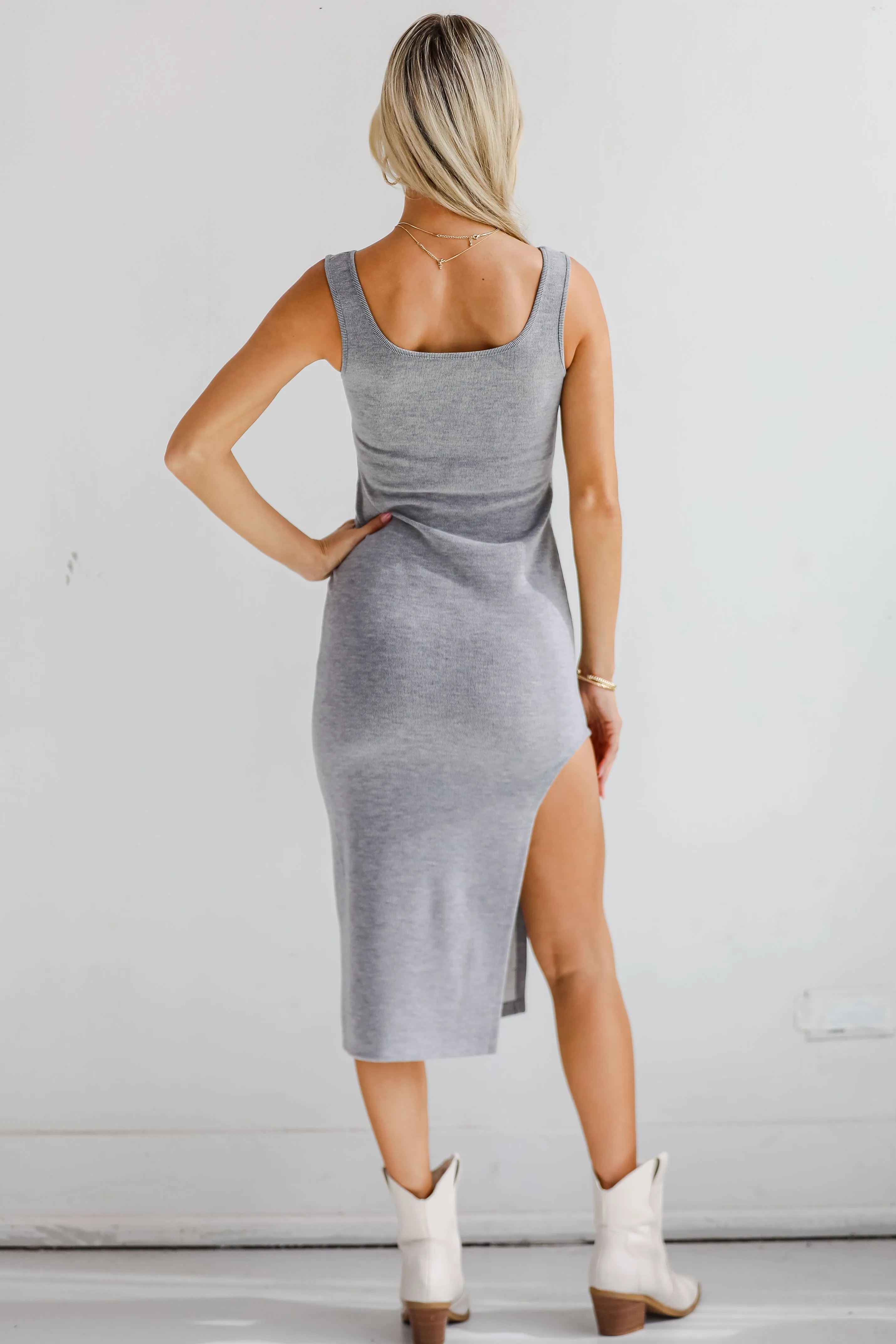 FINAL SALE - Charmed Vibes Grey Ribbed Knit Midi Dress - DU DEAL