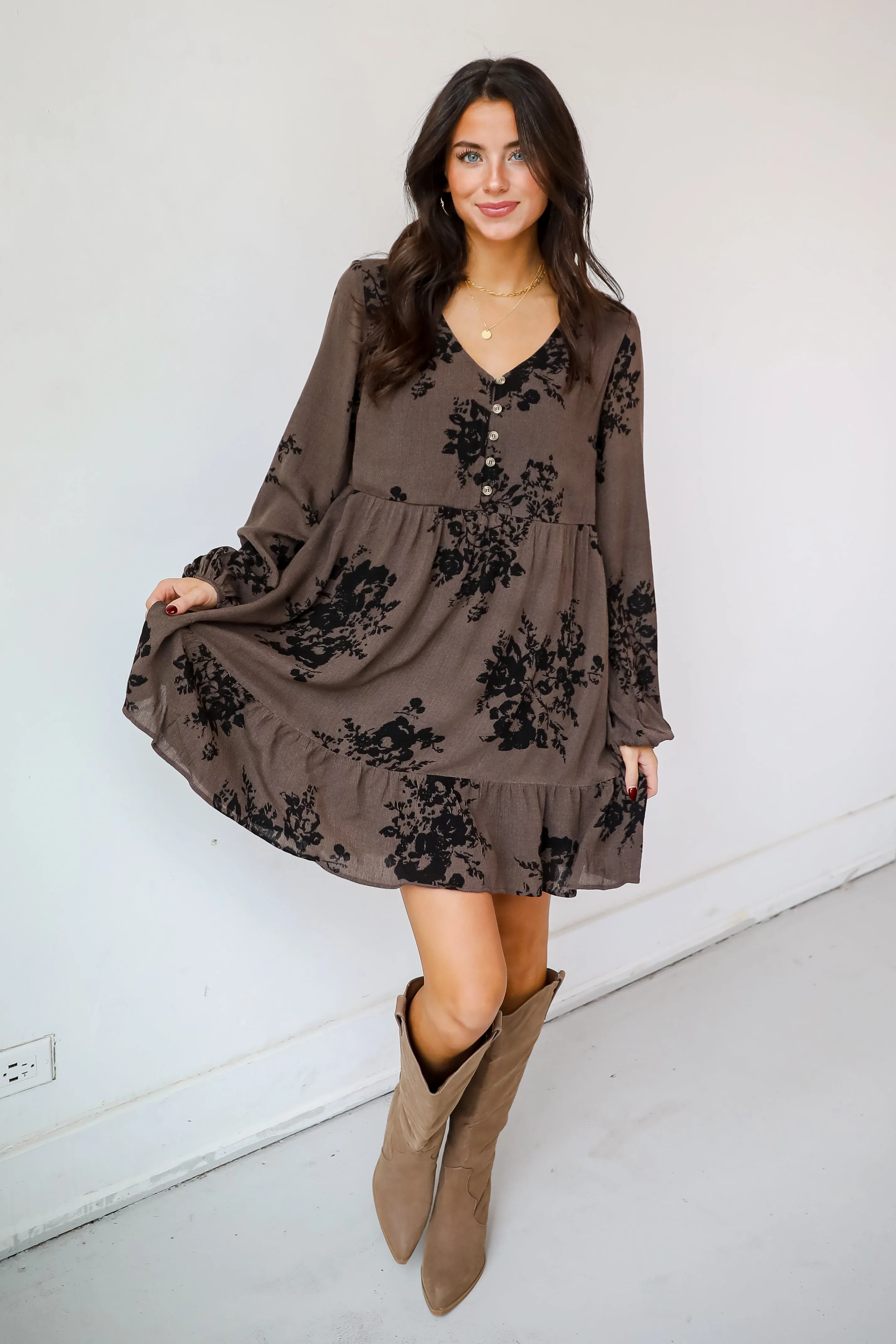 FINAL SALE - Darling Girl Mocha Floral Babydoll Mini Dress