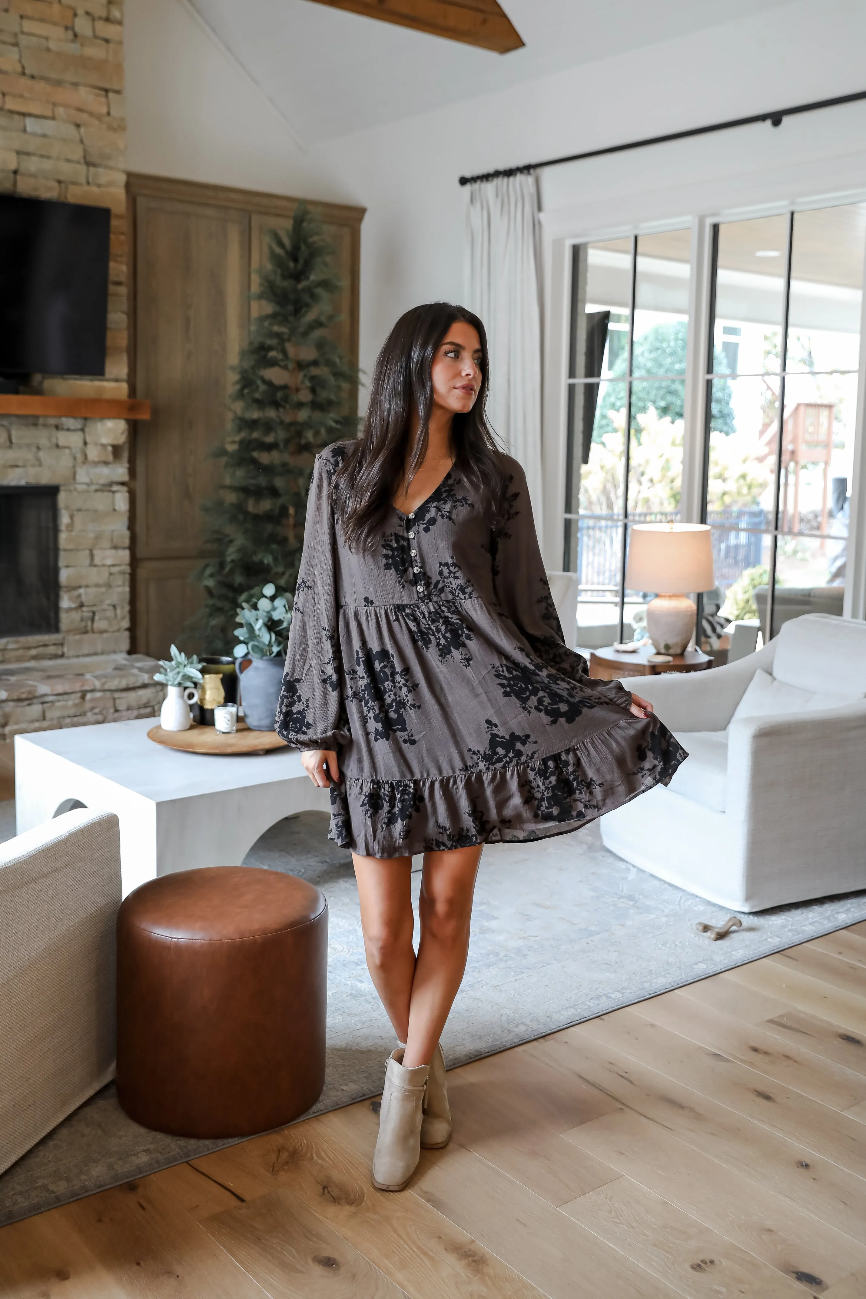 FINAL SALE - Darling Girl Mocha Floral Babydoll Mini Dress