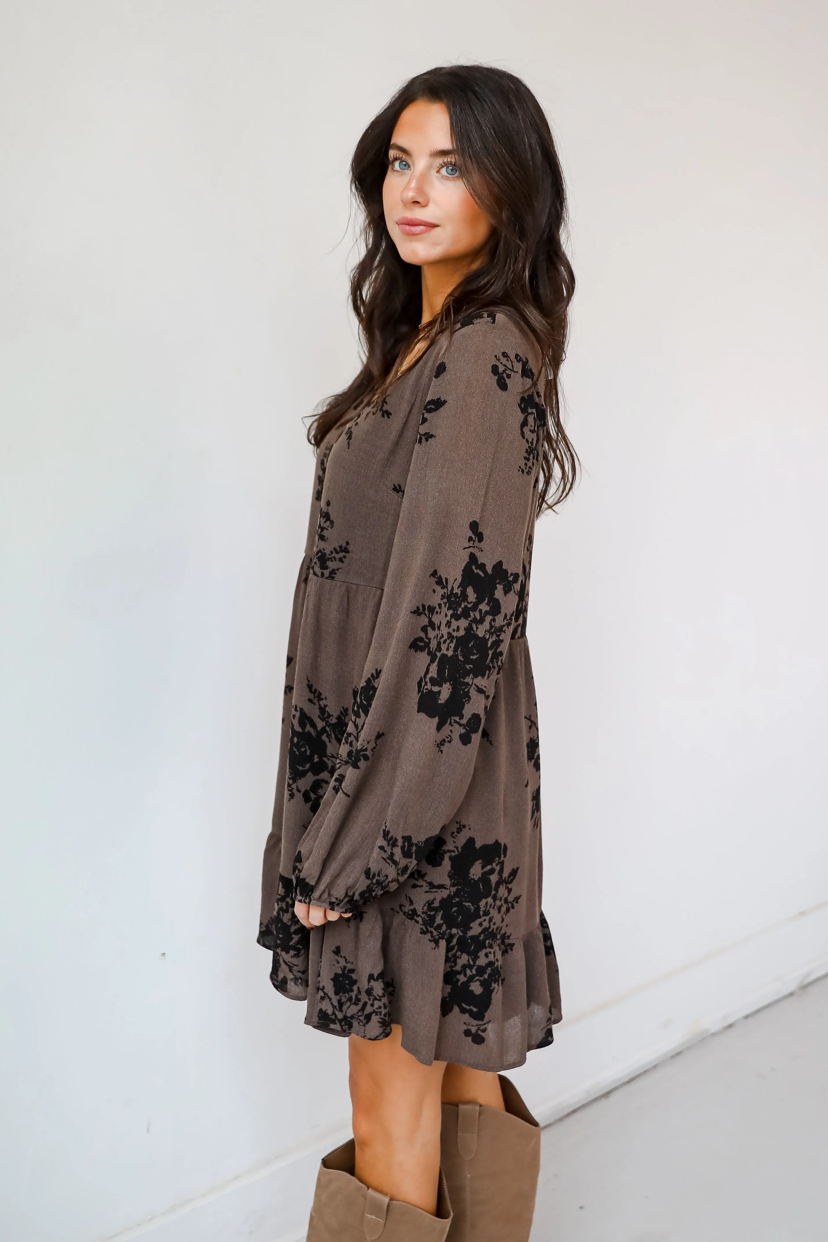 FINAL SALE - Darling Girl Mocha Floral Babydoll Mini Dress