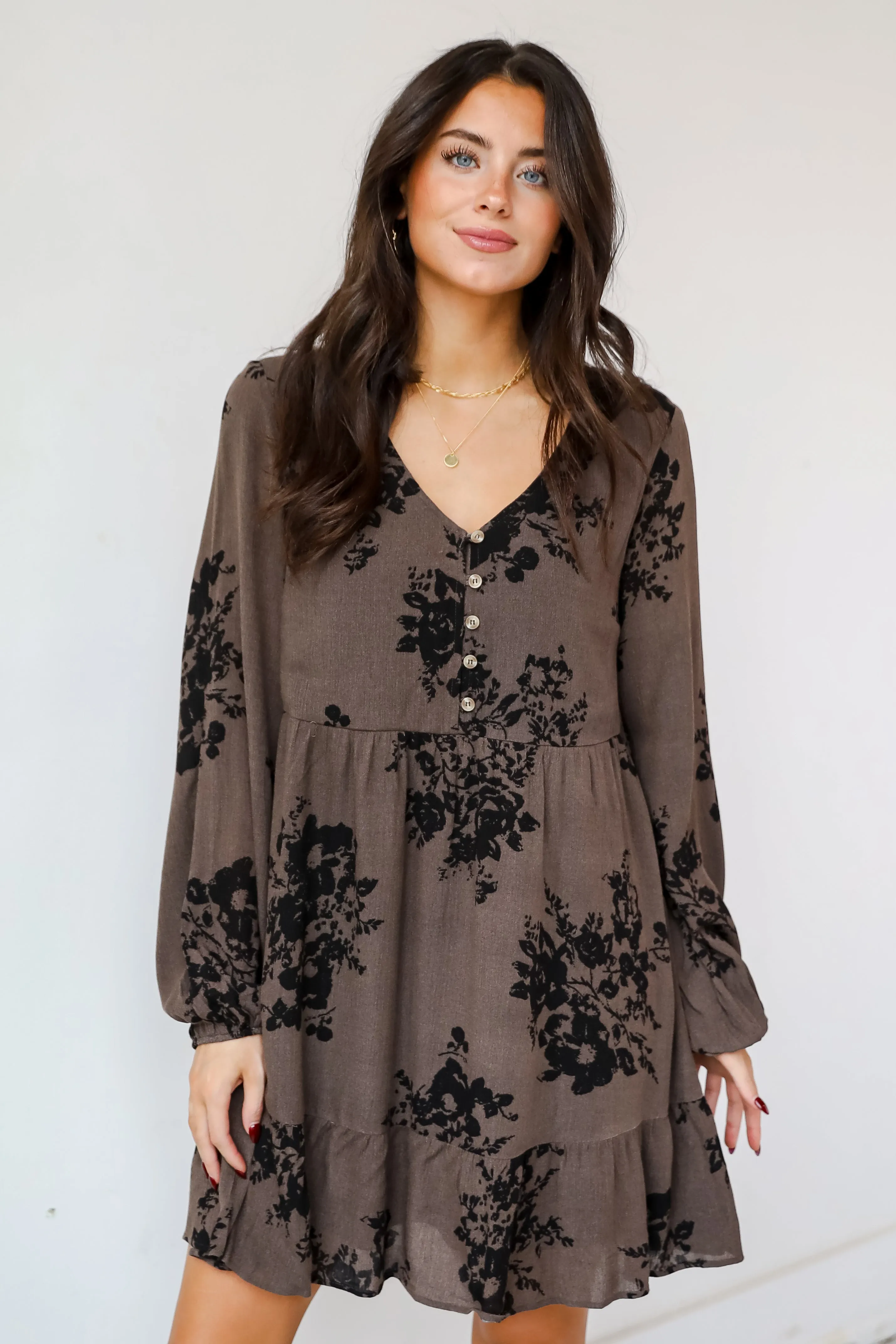FINAL SALE - Darling Girl Mocha Floral Babydoll Mini Dress