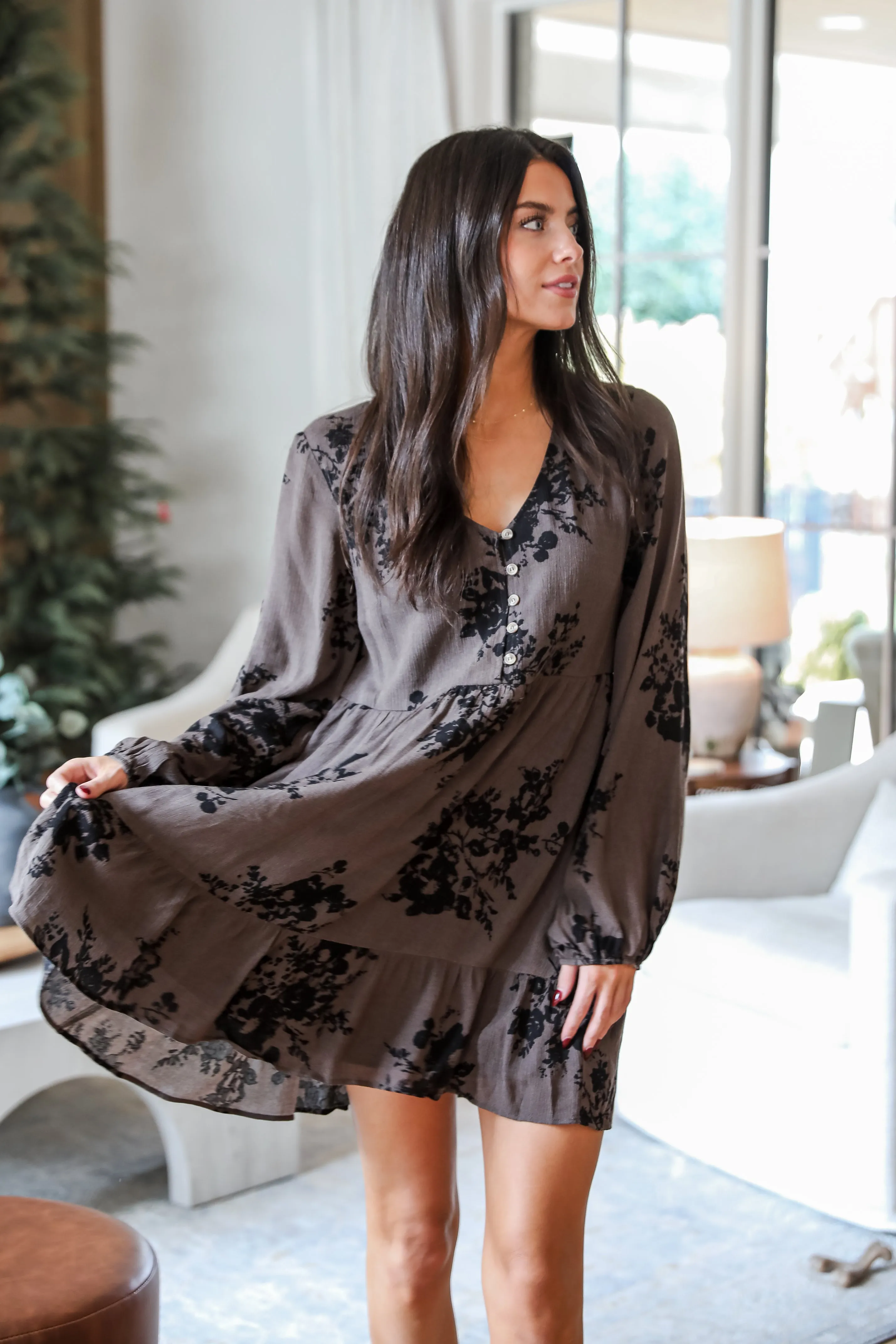 FINAL SALE - Darling Girl Mocha Floral Babydoll Mini Dress
