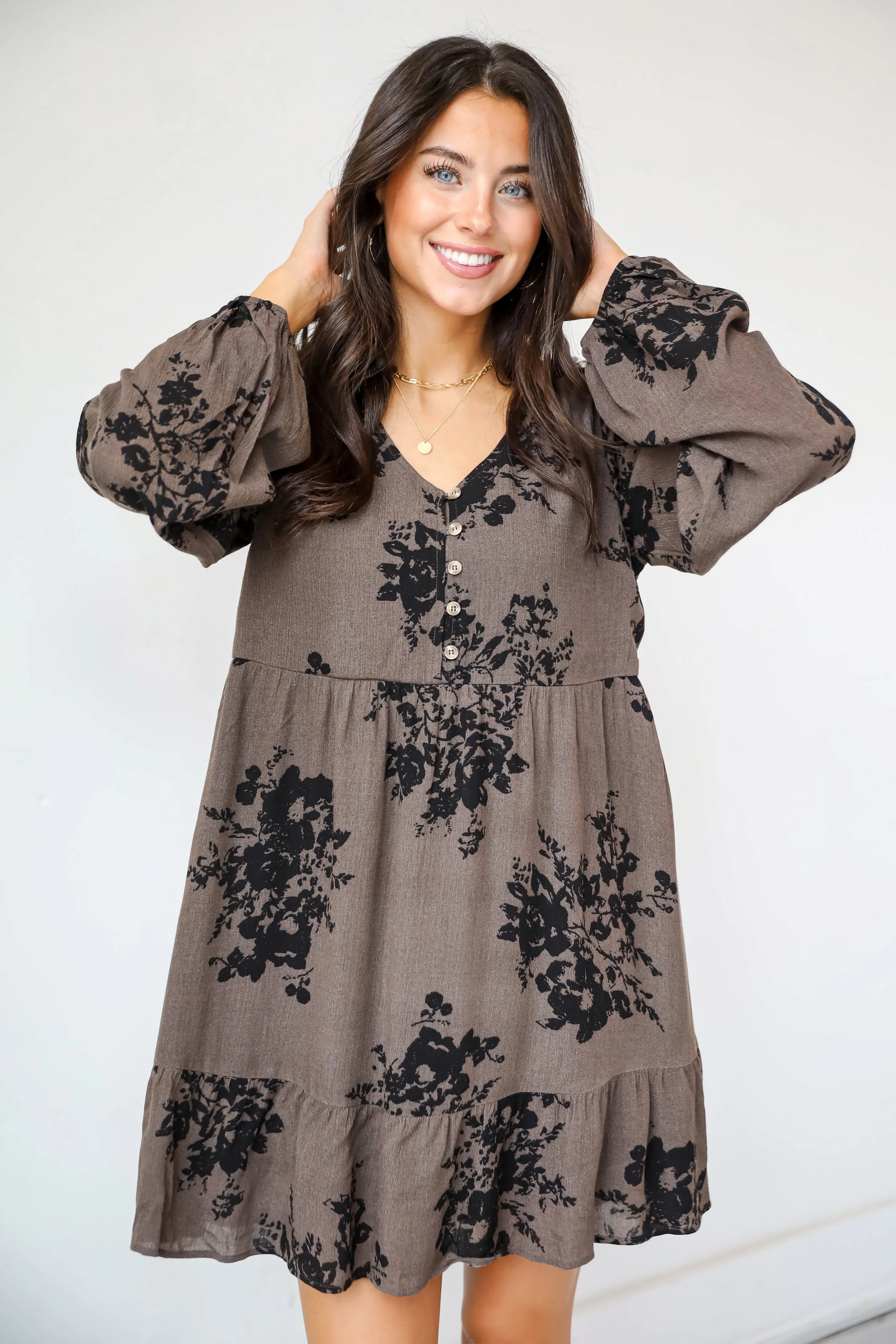 FINAL SALE - Darling Girl Mocha Floral Babydoll Mini Dress