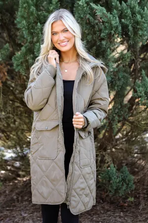 FINAL SALE - Elevated Season Olive Quilted Longline Hooded Jacket