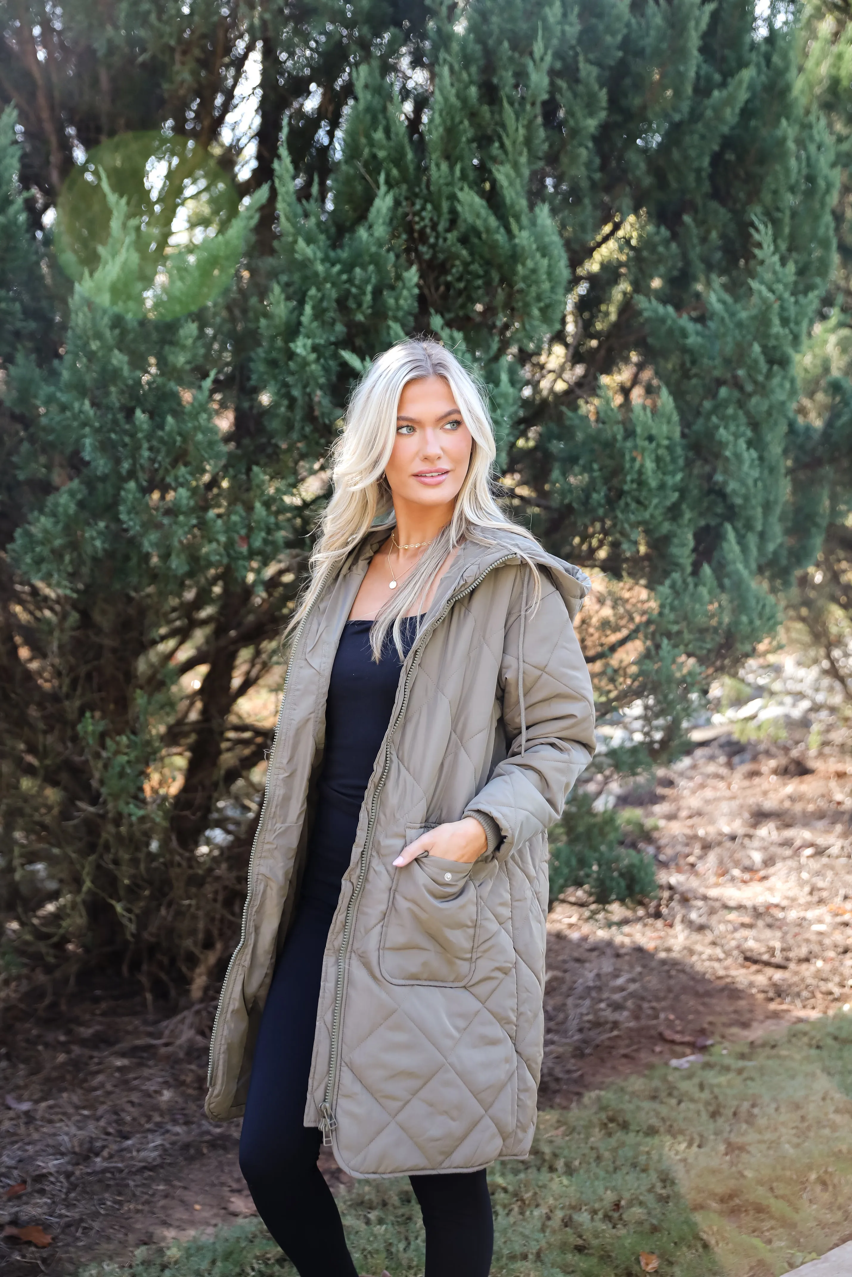 FINAL SALE - Elevated Season Olive Quilted Longline Hooded Jacket