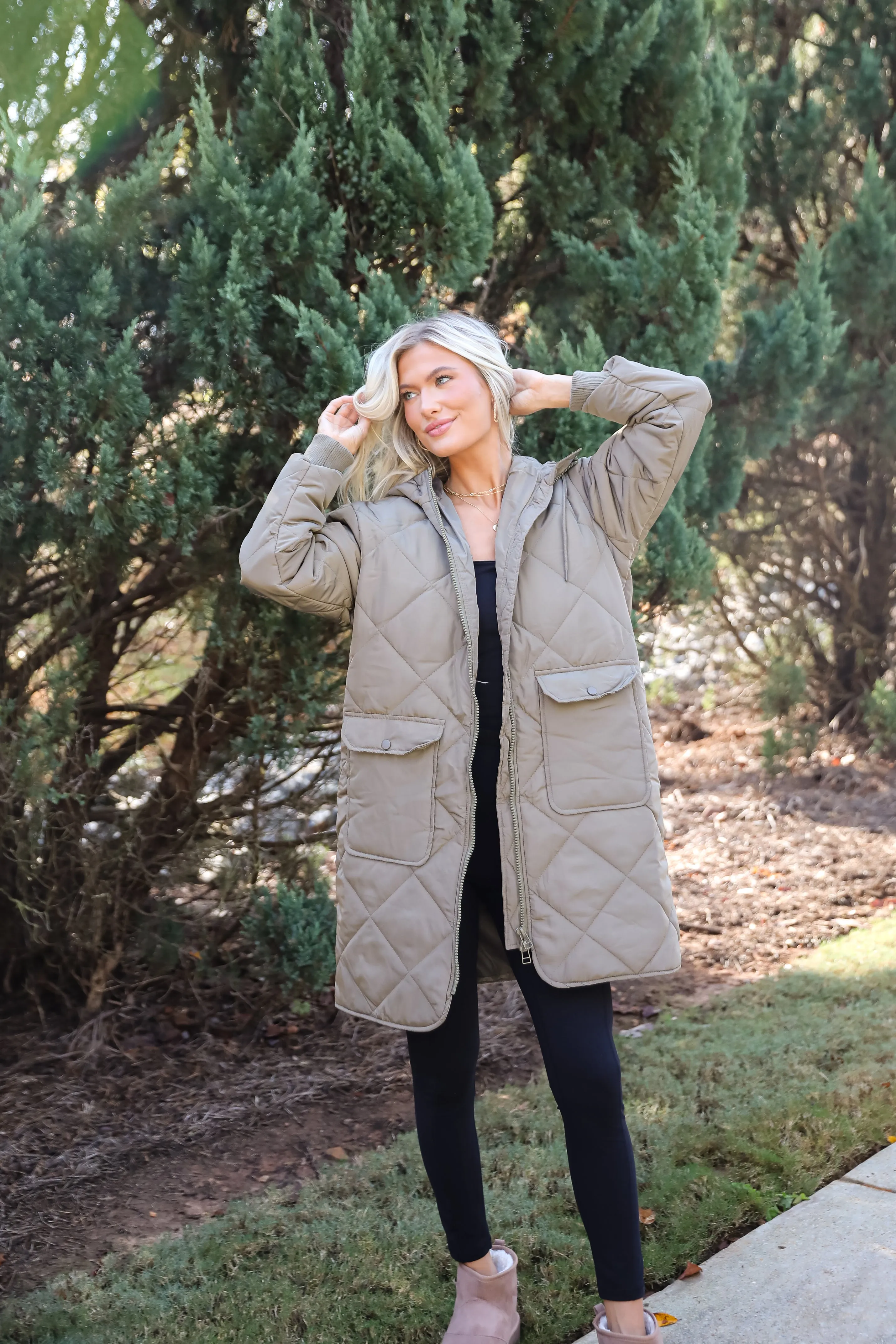 FINAL SALE - Elevated Season Olive Quilted Longline Hooded Jacket