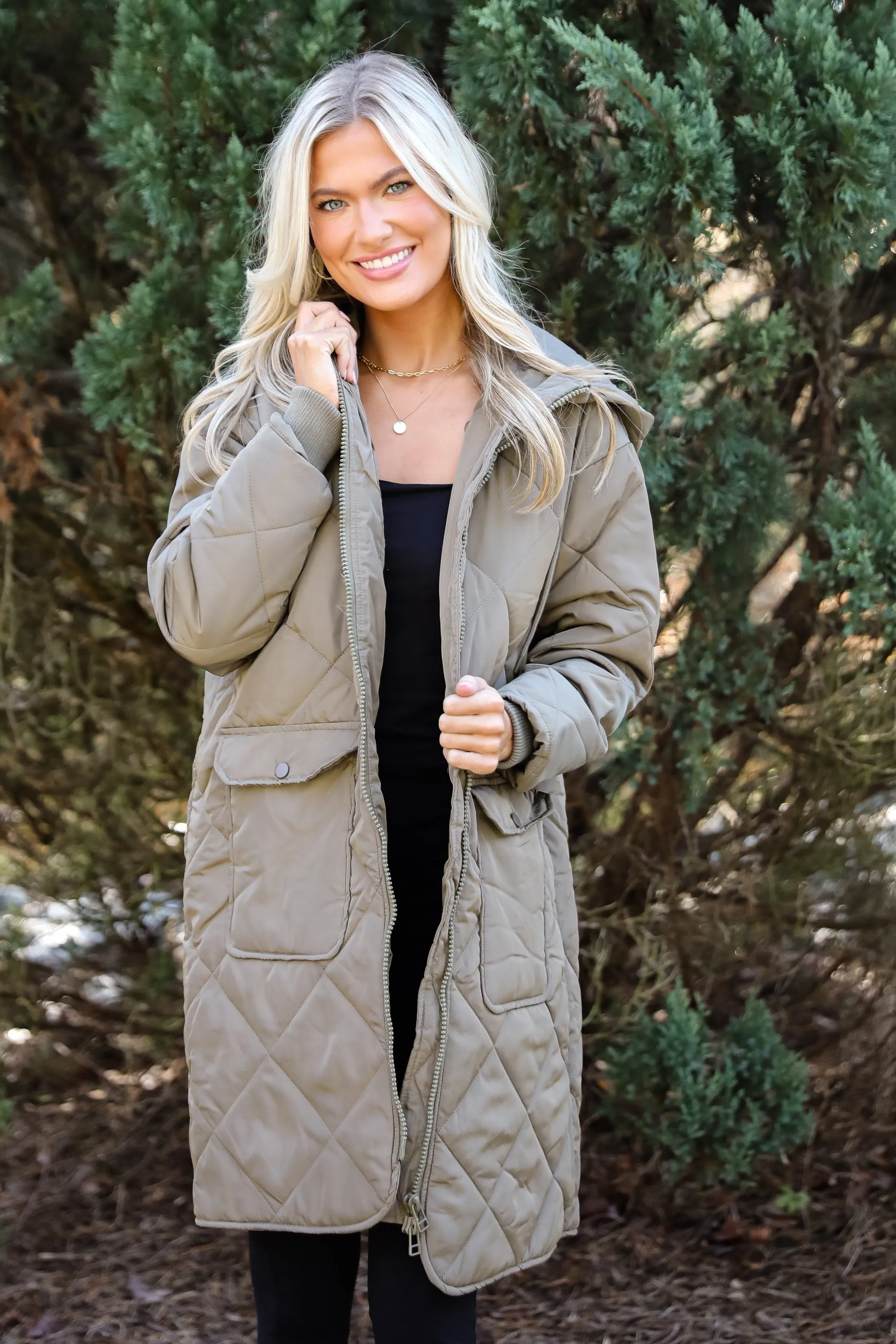 FINAL SALE - Elevated Season Olive Quilted Longline Hooded Jacket