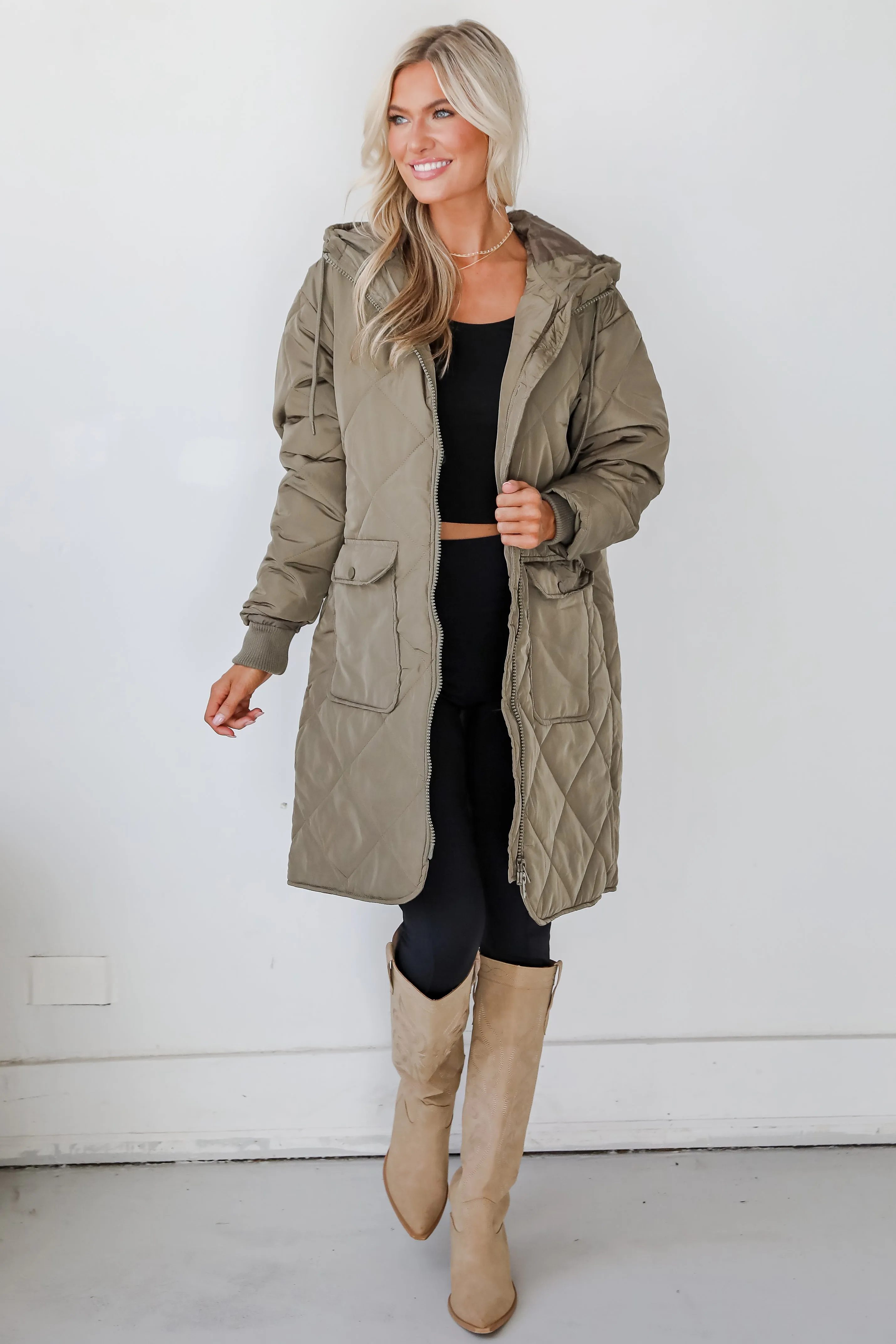 FINAL SALE - Elevated Season Olive Quilted Longline Hooded Jacket