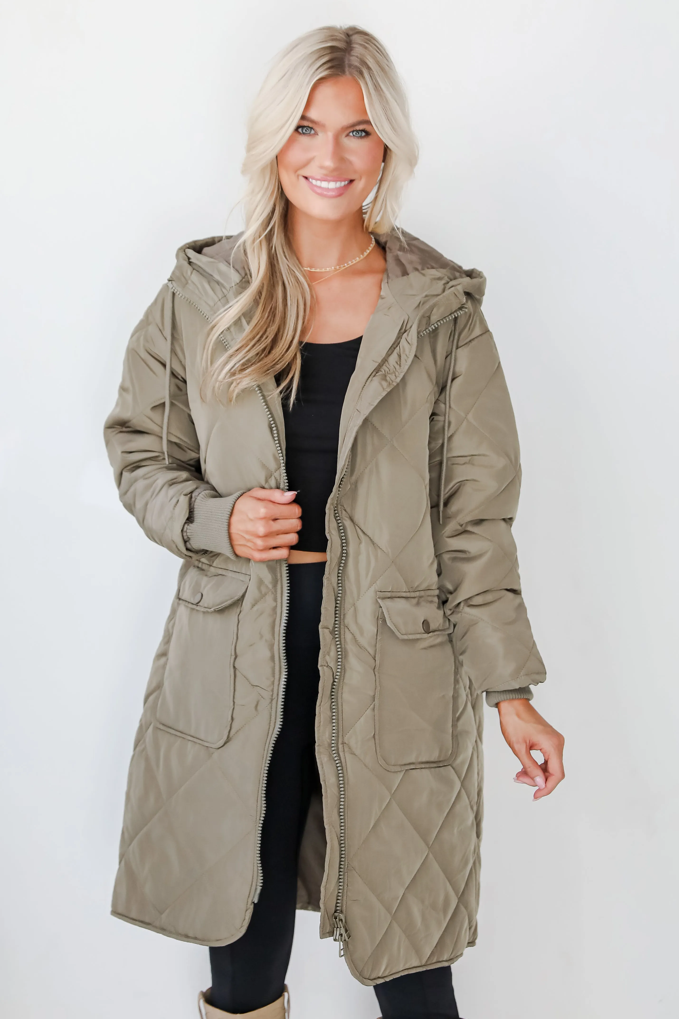 FINAL SALE - Elevated Season Olive Quilted Longline Hooded Jacket