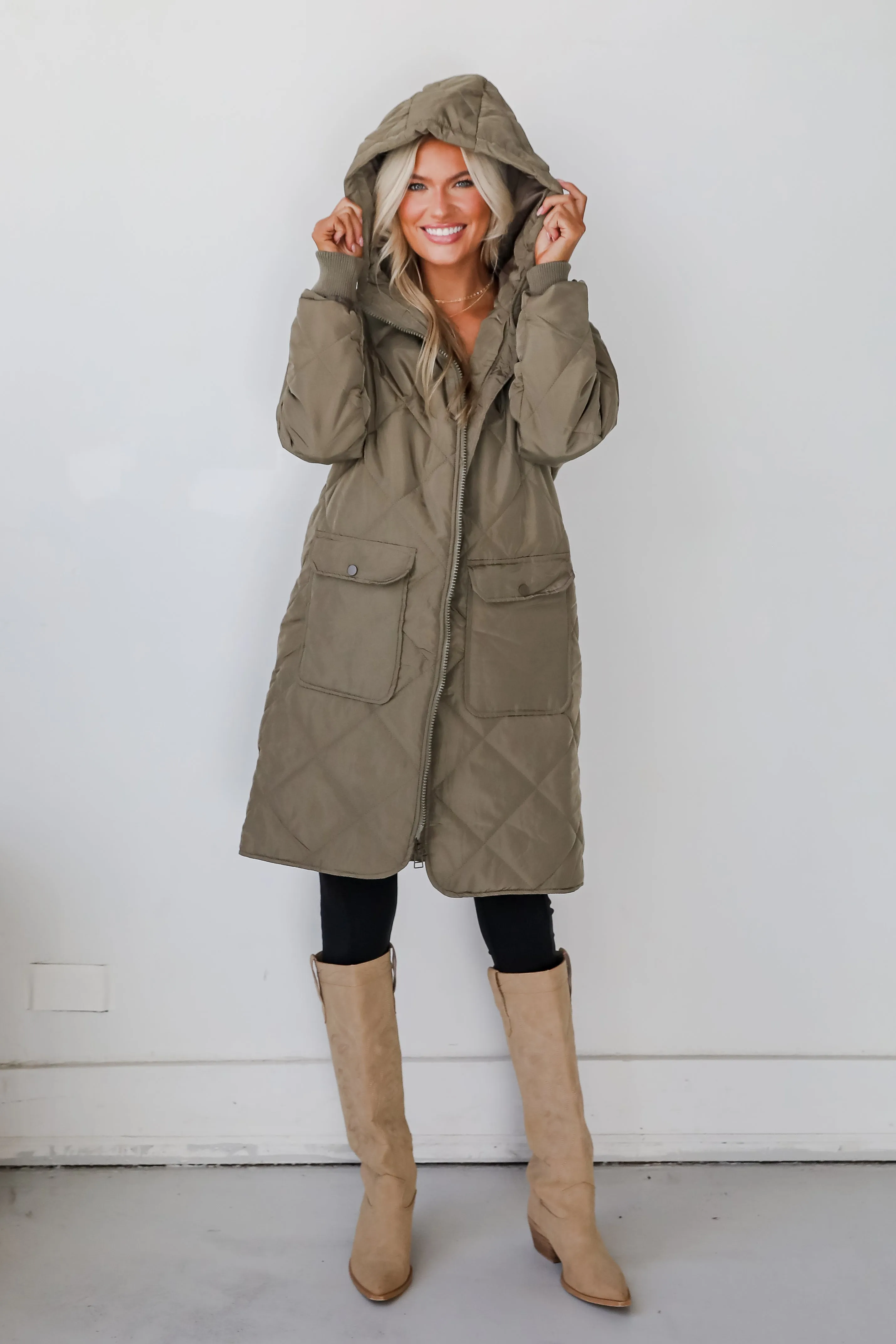 FINAL SALE - Elevated Season Olive Quilted Longline Hooded Jacket