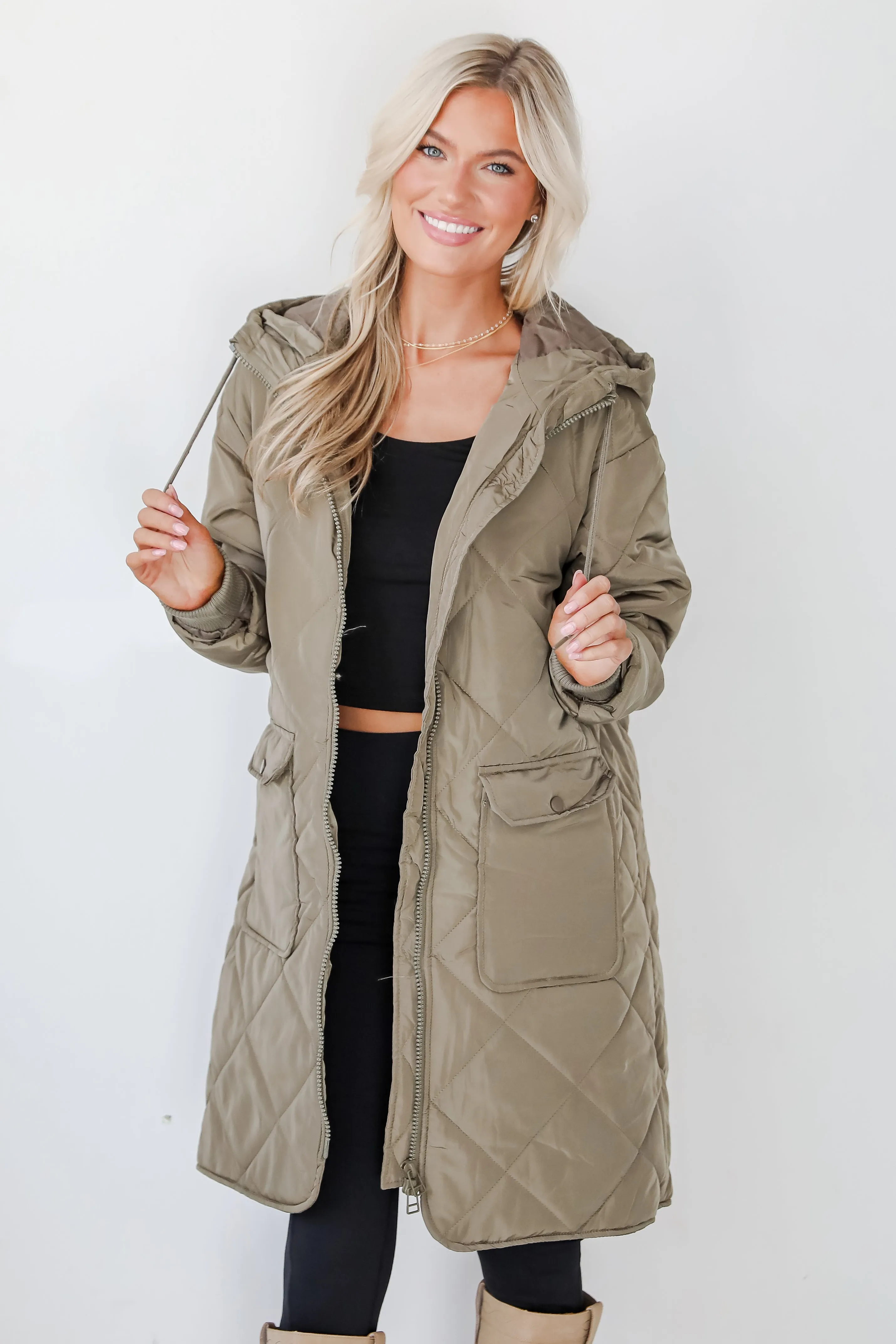 FINAL SALE - Elevated Season Olive Quilted Longline Hooded Jacket