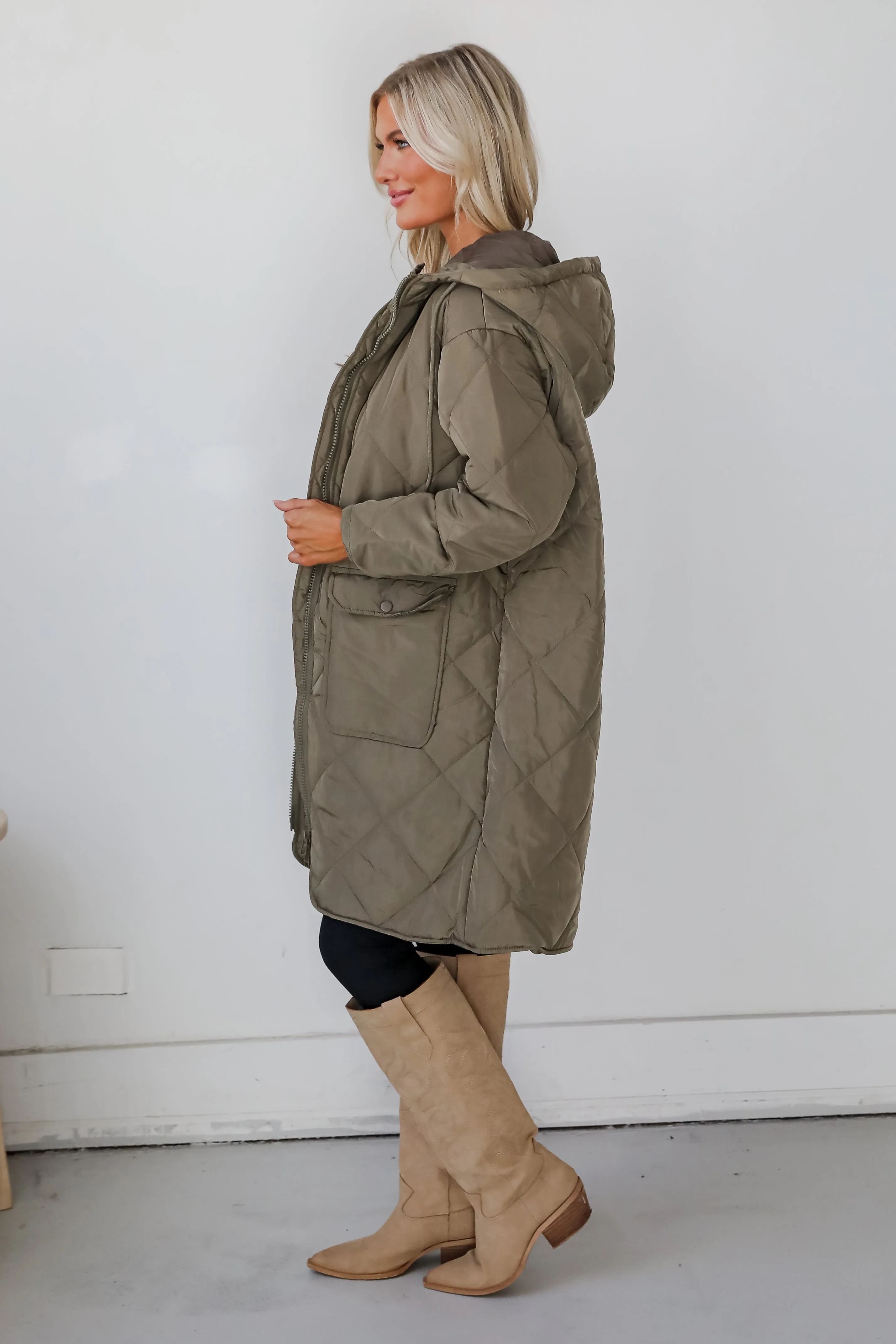 FINAL SALE - Elevated Season Olive Quilted Longline Hooded Jacket