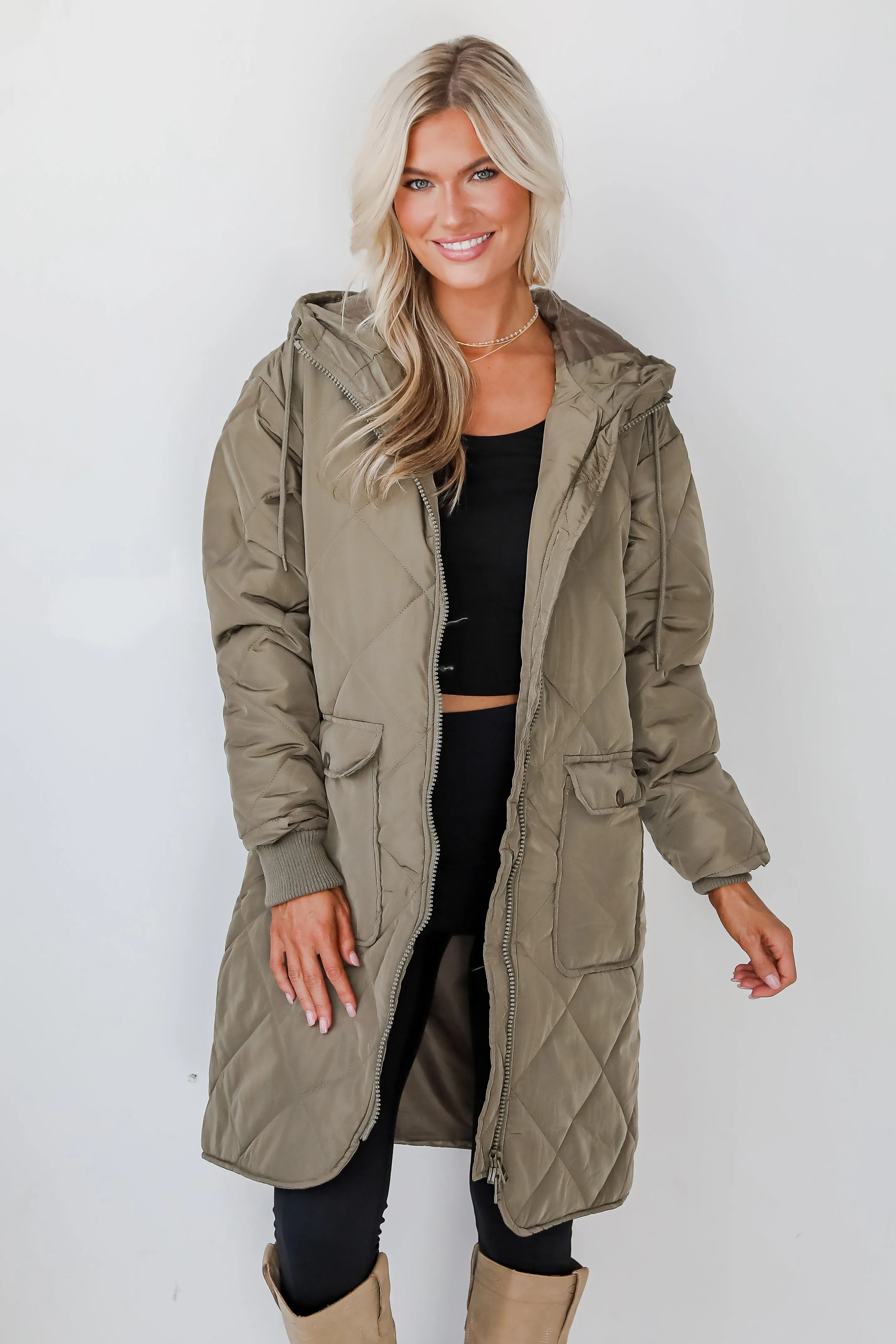 FINAL SALE - Elevated Season Olive Quilted Longline Hooded Jacket