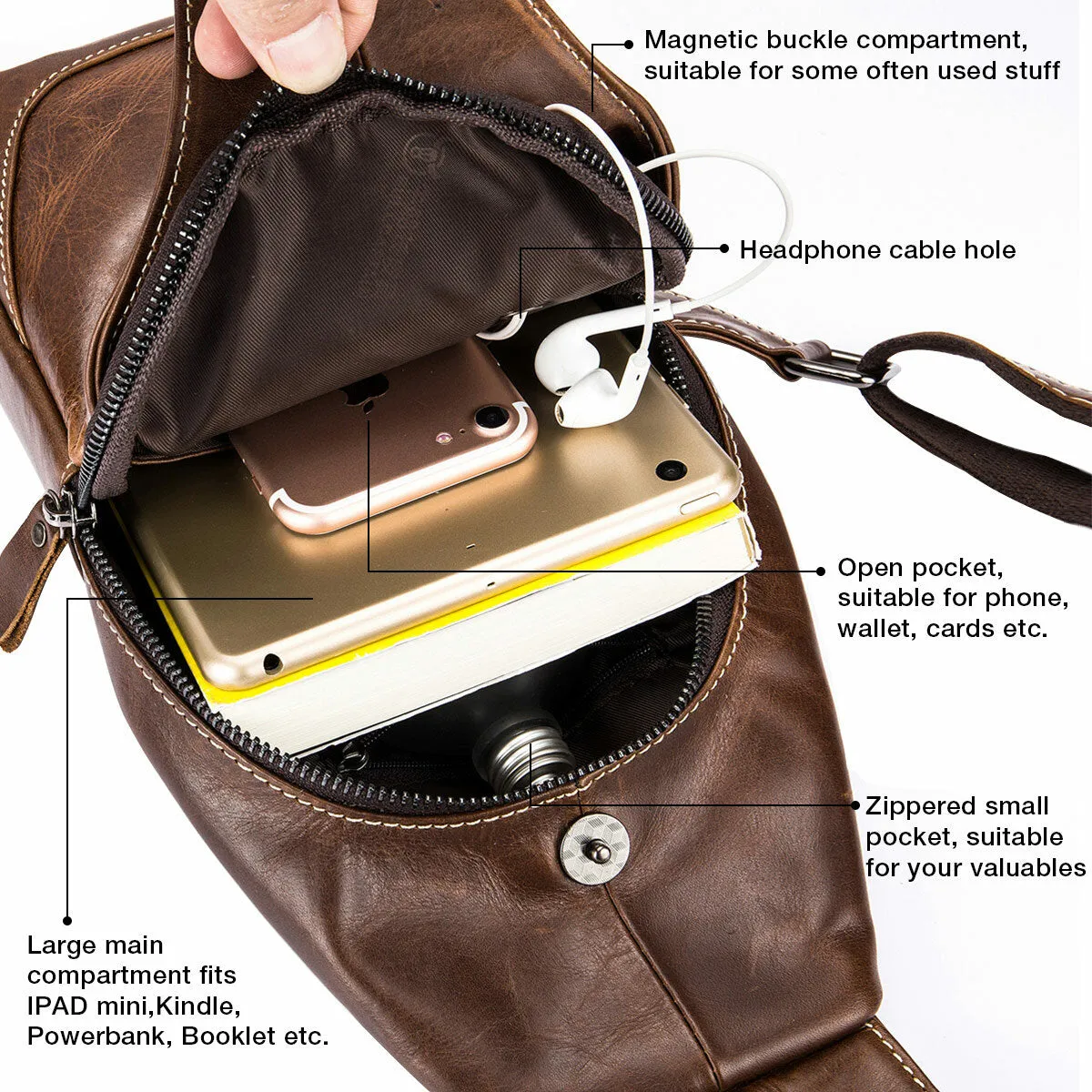 Genuine Leather Wear Resisting Casual Brown Chest Bag Shoulder Crossbody Bag