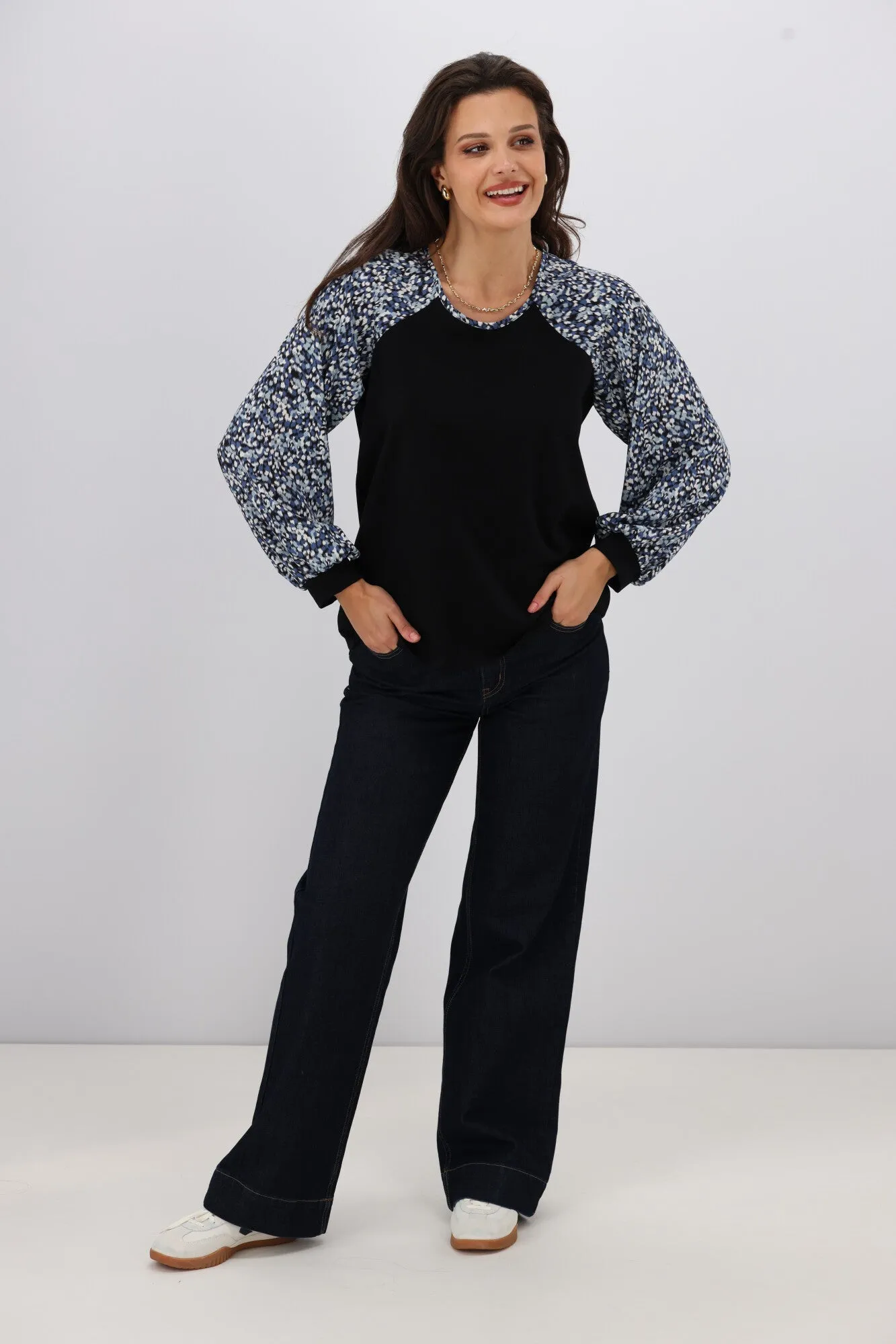Gloss The Label Sutton Balloon Sleeve Top Ink Speckle Print