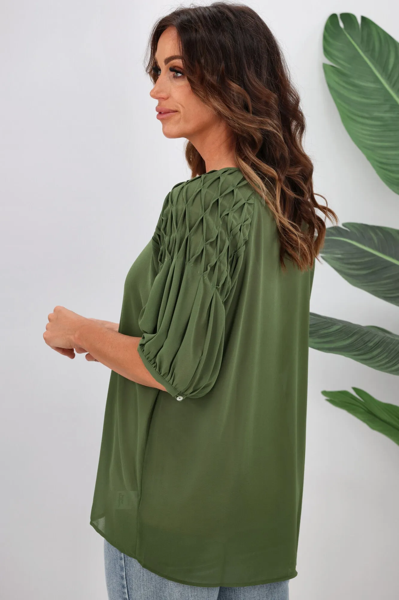 Jane James Sophia Smocking Detail Blouse Olive