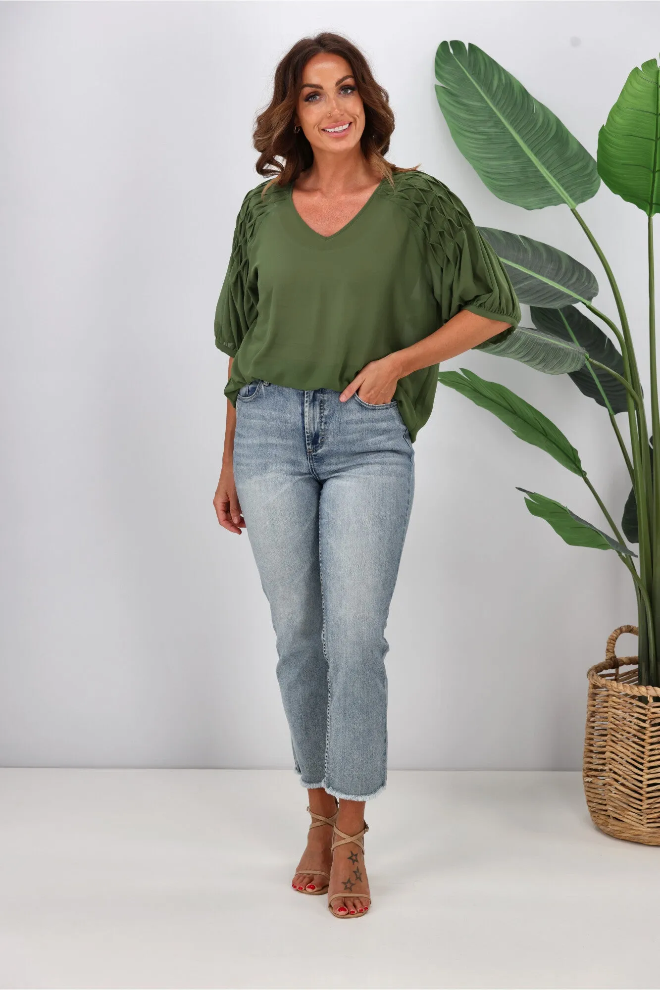 Jane James Sophia Smocking Detail Blouse Olive