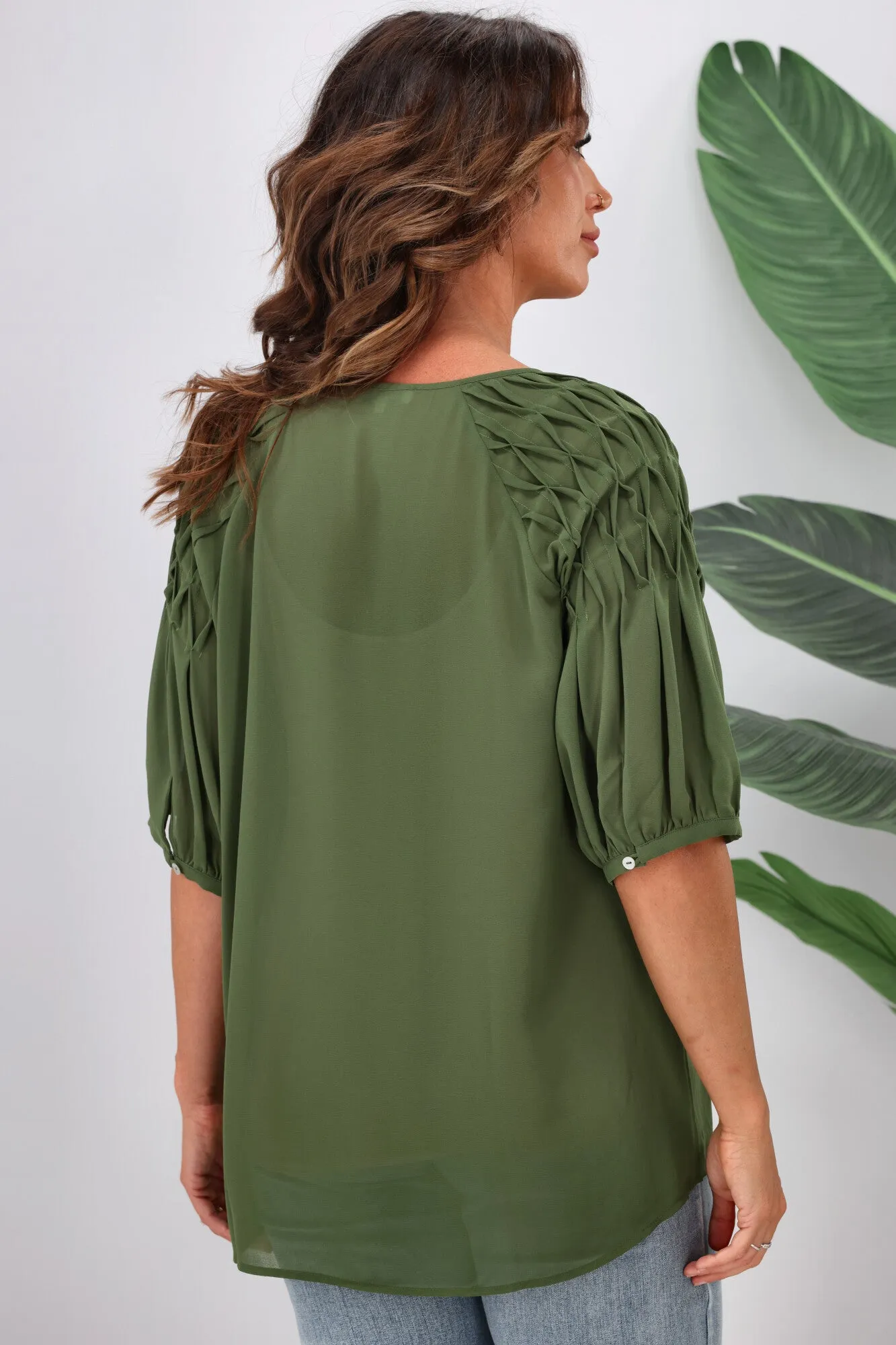 Jane James Sophia Smocking Detail Blouse Olive
