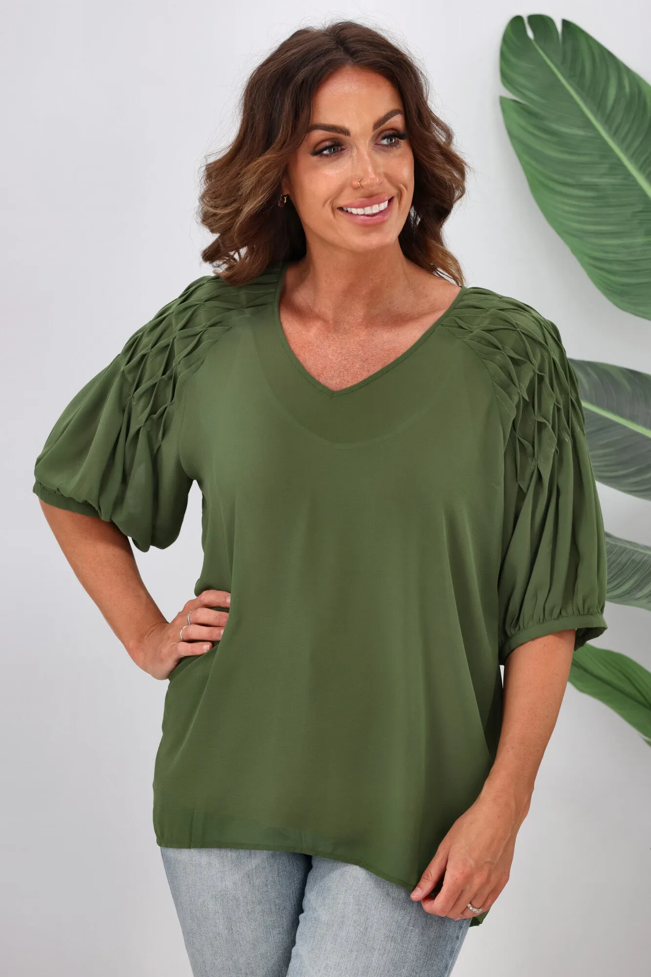 Jane James Sophia Smocking Detail Blouse Olive