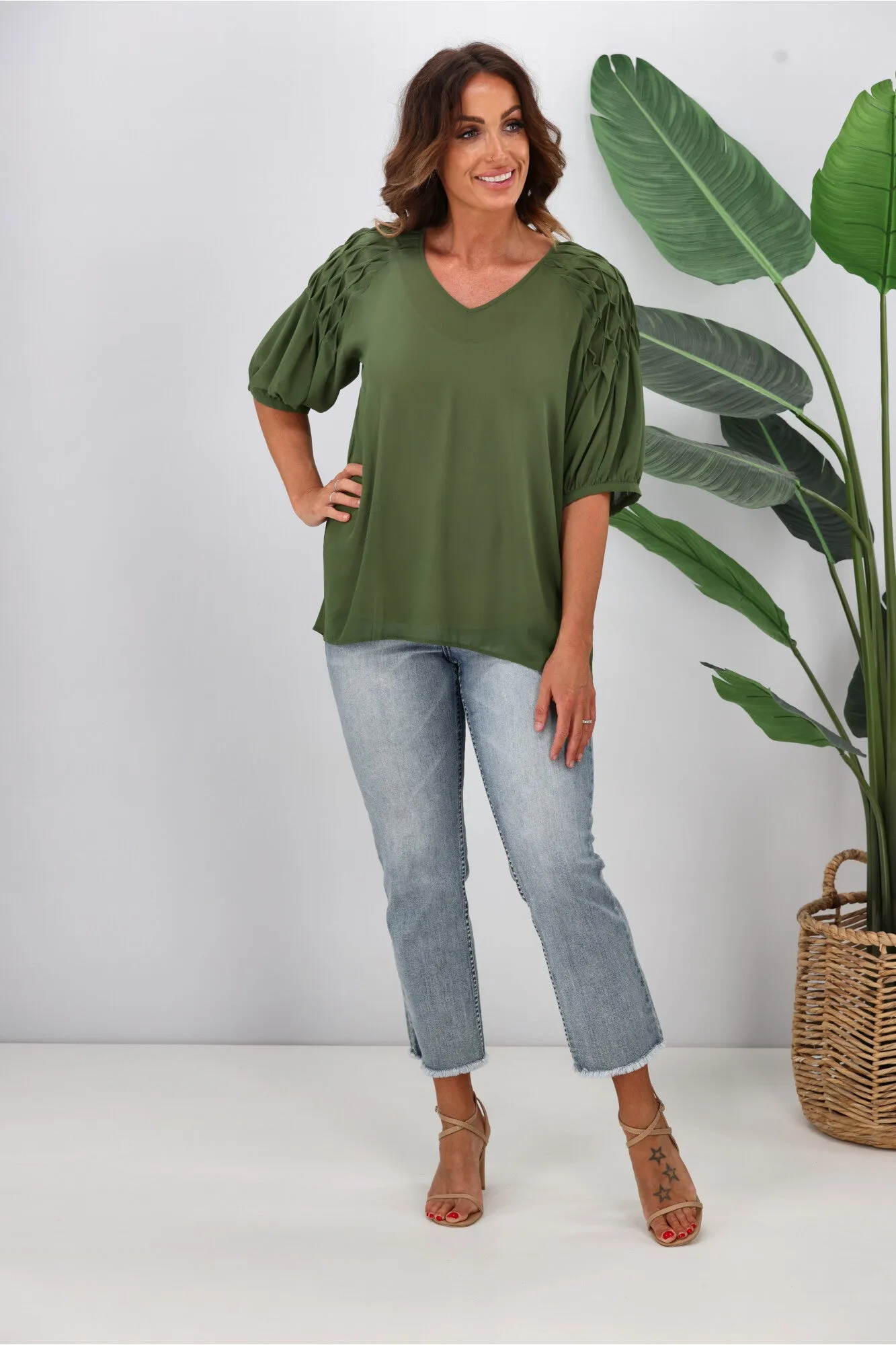 Jane James Sophia Smocking Detail Blouse Olive
