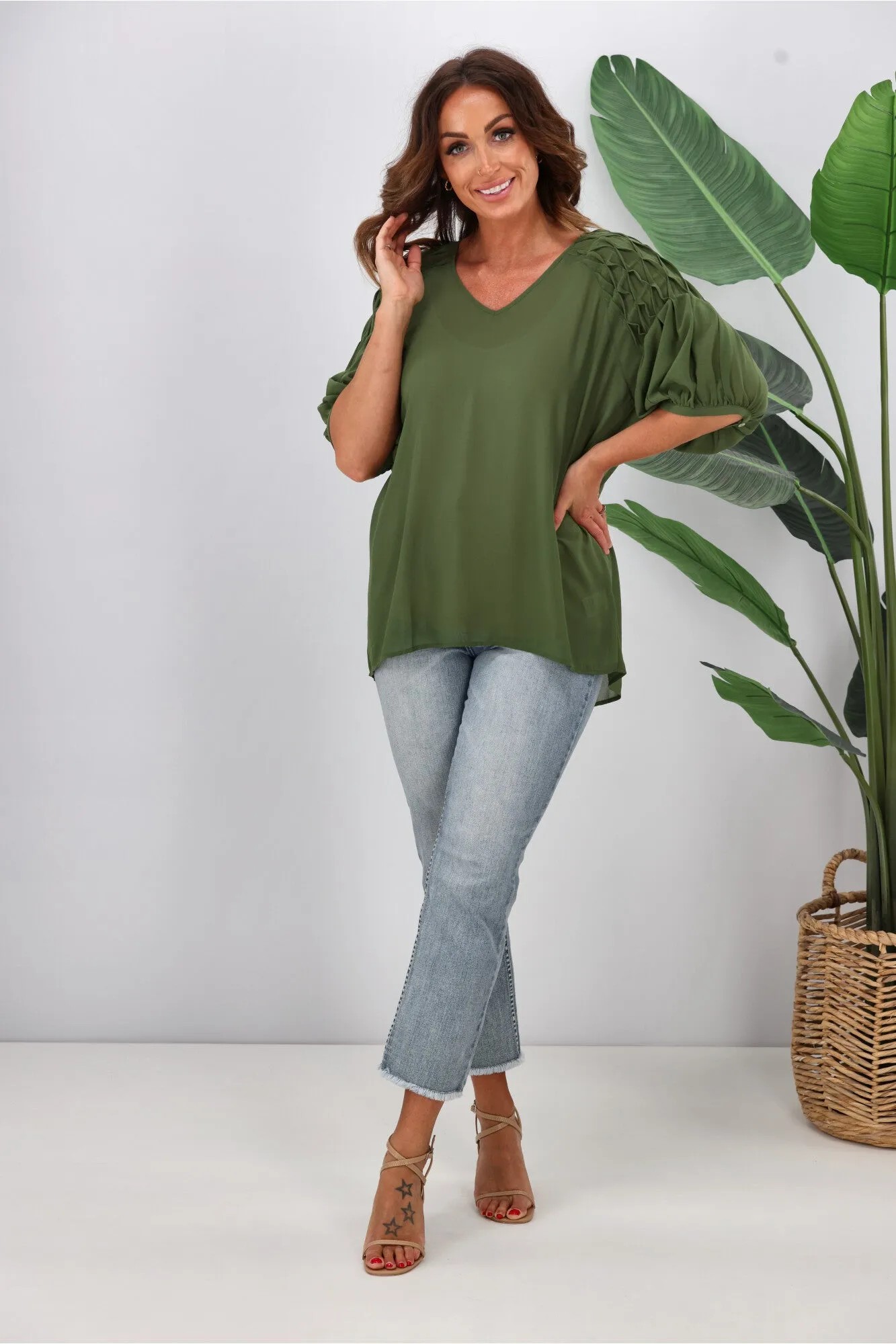 Jane James Sophia Smocking Detail Blouse Olive