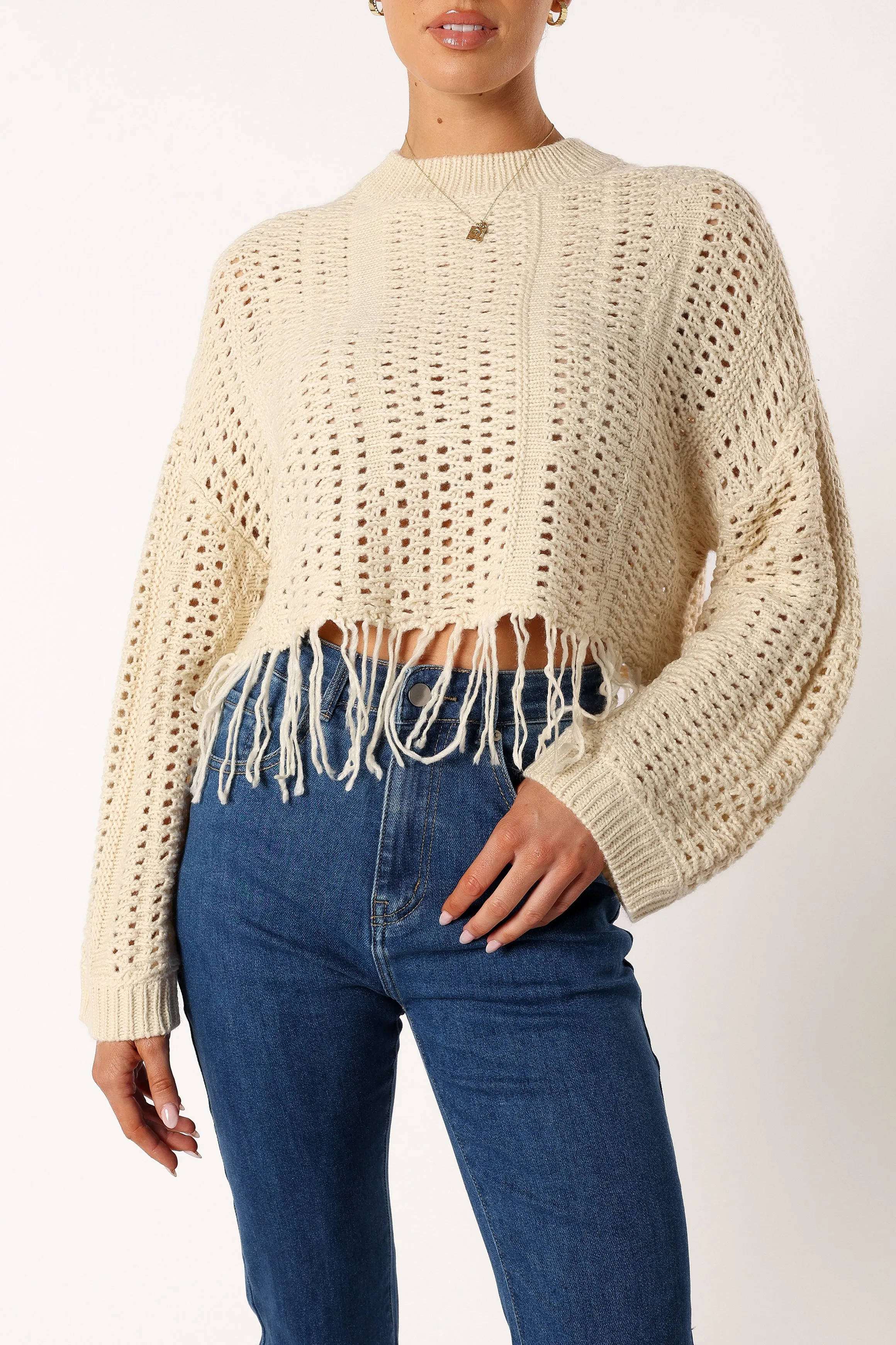 Katalina Fringe Crop Knit Sweater - Cream