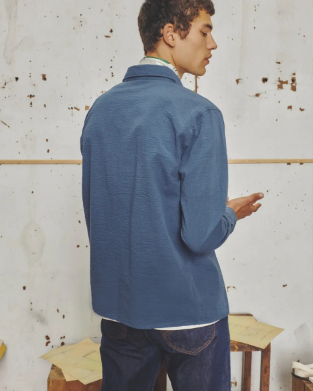 Le Mont St Michel Coban Seersucker Overshirt - Navy